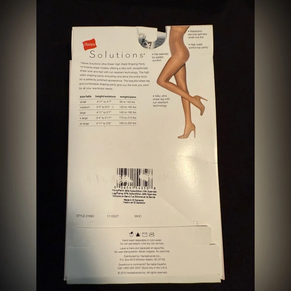 Black Pantyhose Hanes Solutions Control Top Silky Ultra‎ Sheer Shaping XL No Run